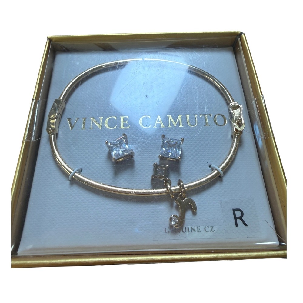Gold Tone CZ Bangle and‎ Stud Earring Jewelry Set from Vince Camuto Letter "R"